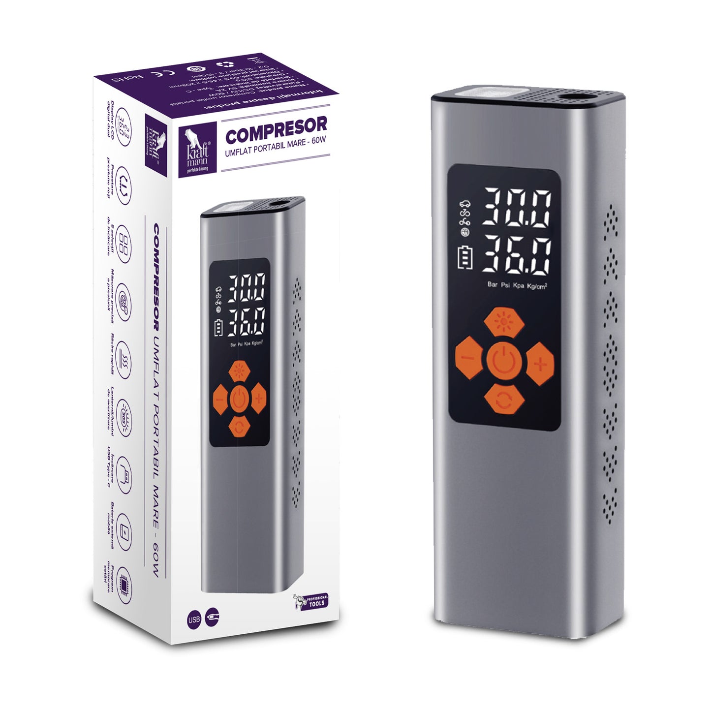 Compresor umflat portabil mare Kraftmann - 60W