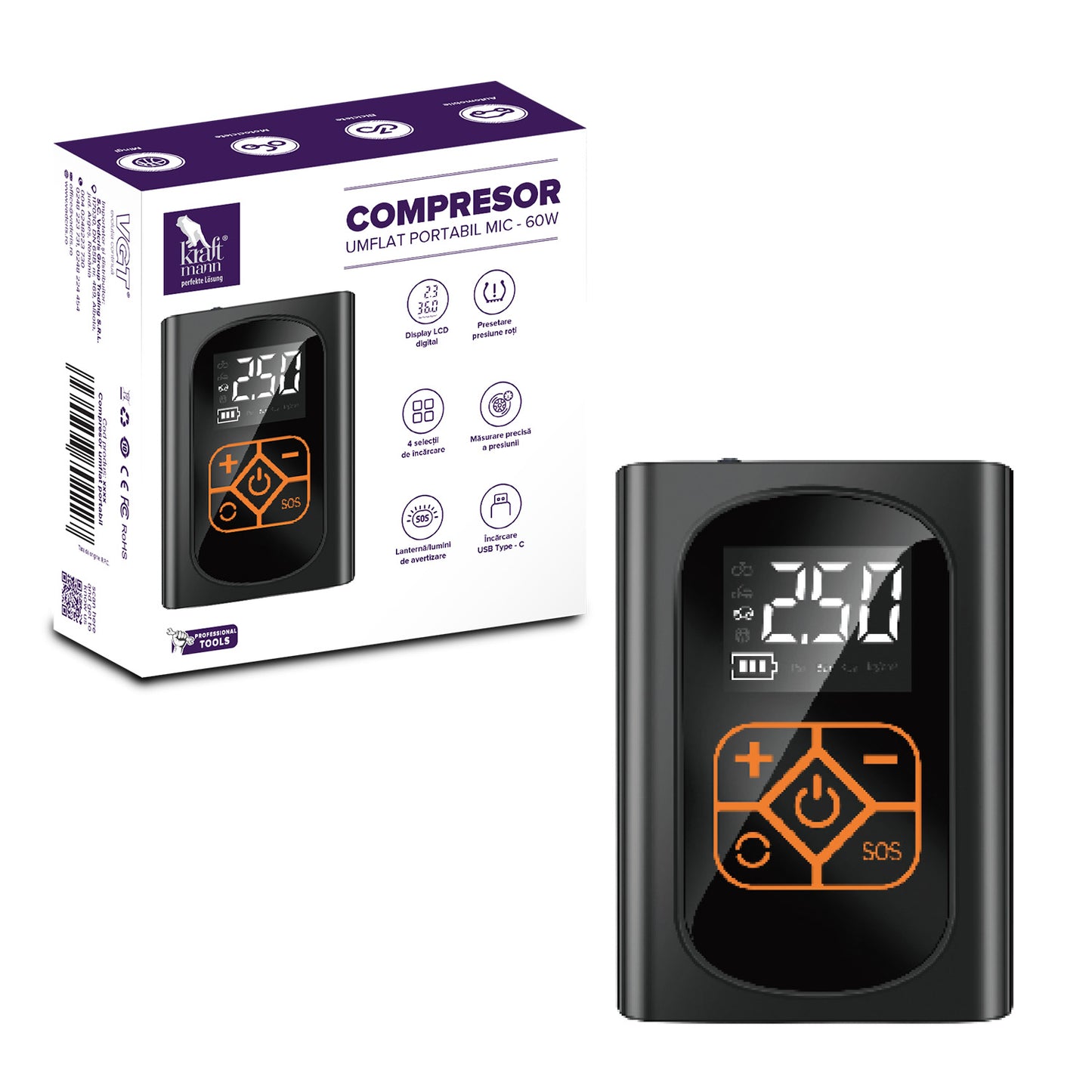 Compresor umflat portabil mic Kraftmann - 60W