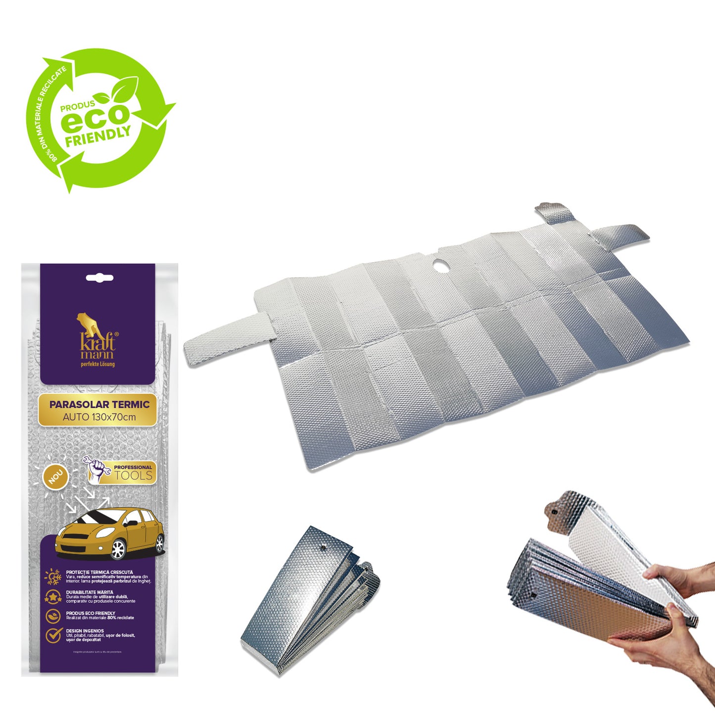 Parasolar termic auto Kraftmann, cu dubla utilizare, 130x70cm