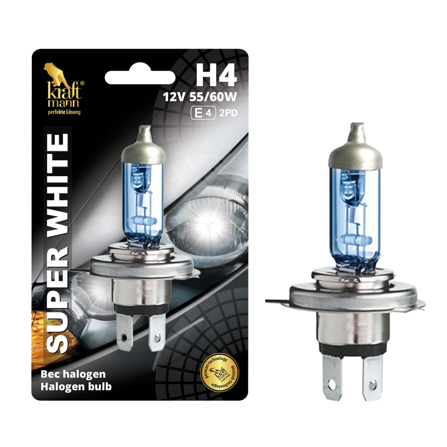Bec halogen Kraftmann SUPER WHITE H4, 12V, 60/55W, P43T
