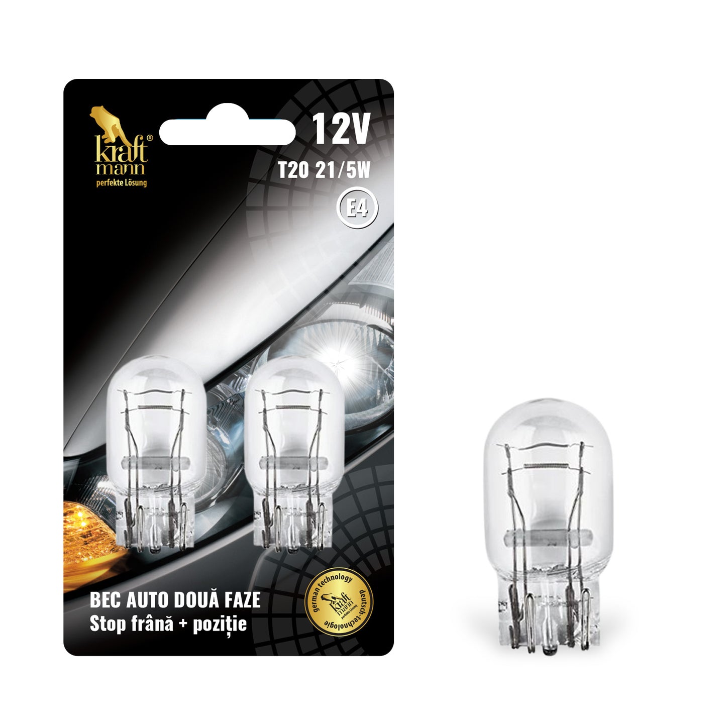 Bec Kraftmann T20, 12V, 21/5W, doua faze stop frana + pozitie, 2 buc.