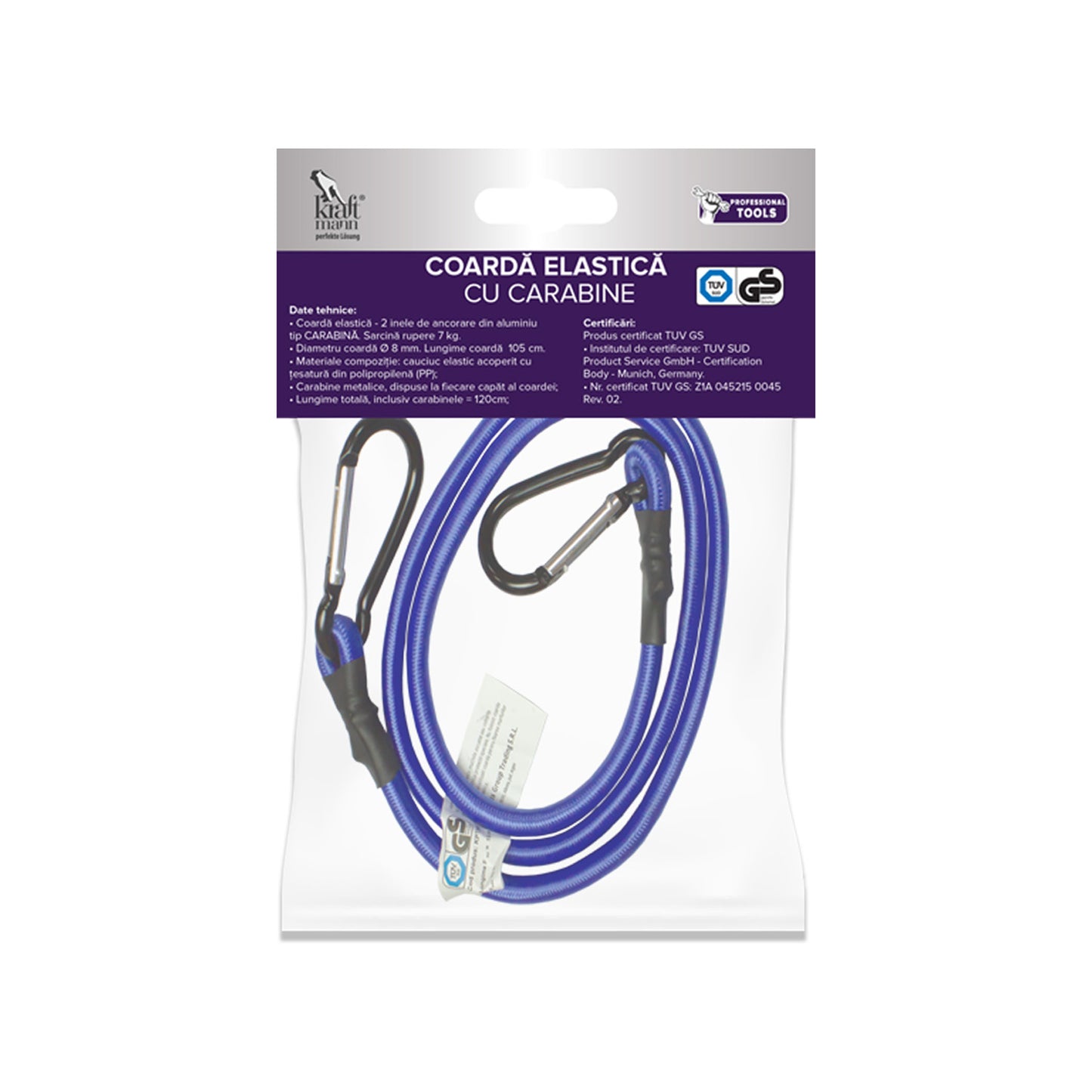 Coarda elastica cu carabine Kraftmann din aluminiu, sarcina maxima 7kg/105 cm