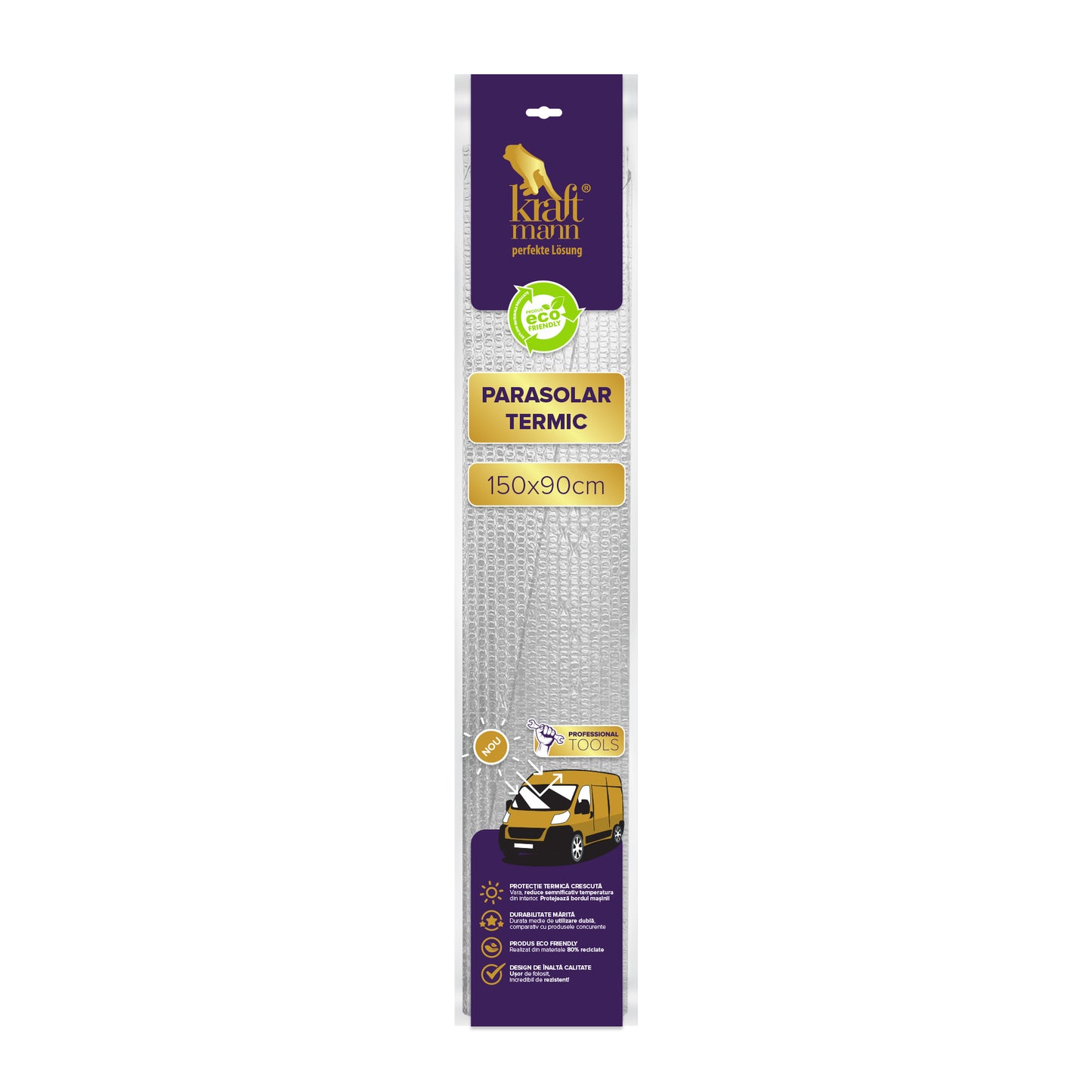 Parasolar termic auto Kraftmann, cu ambele suprafete reflectorizante, 150x90 cm