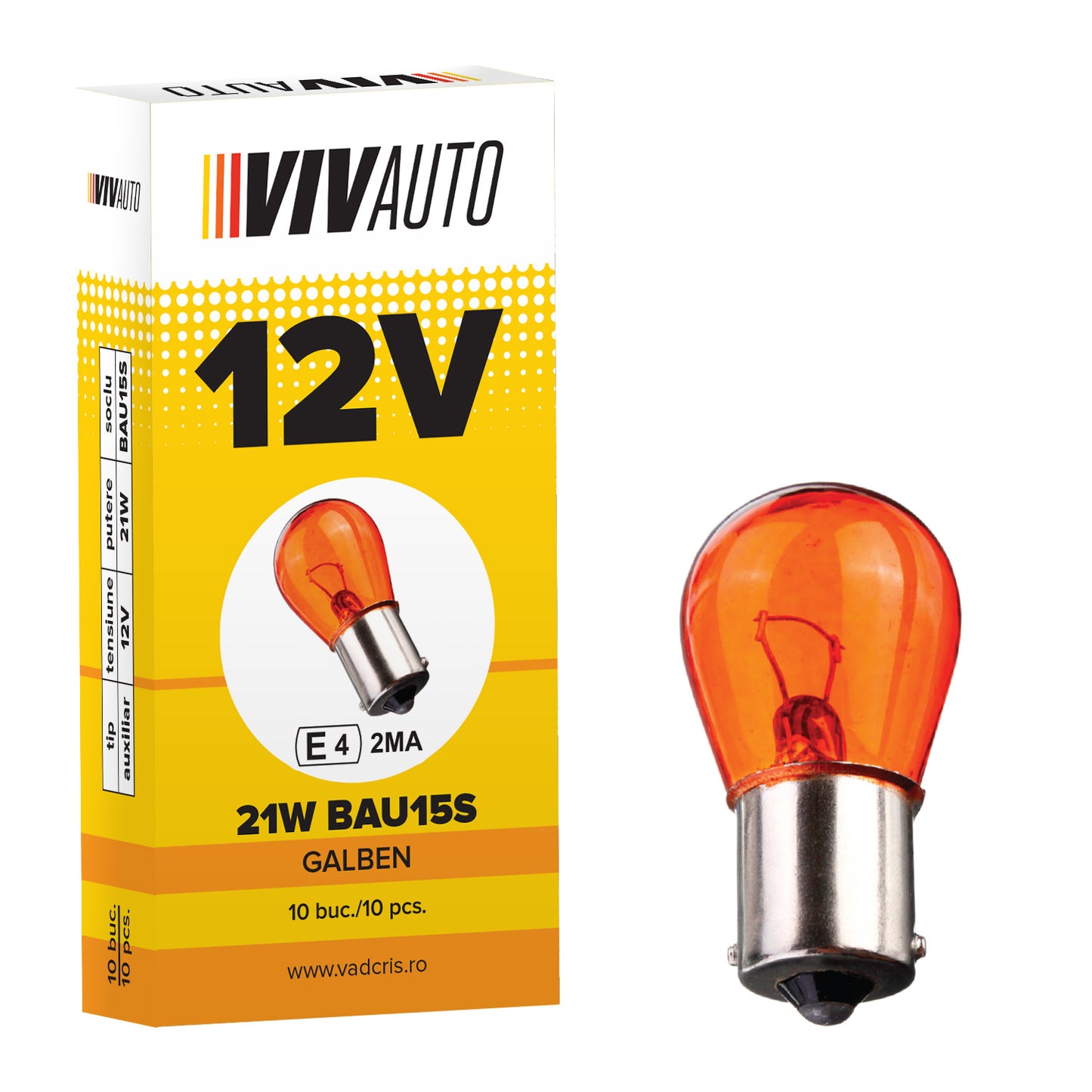 Bec VivAuto 12V , 21W, BAU15S, o faza semnalizare , galben portocaliu, 10 buc.