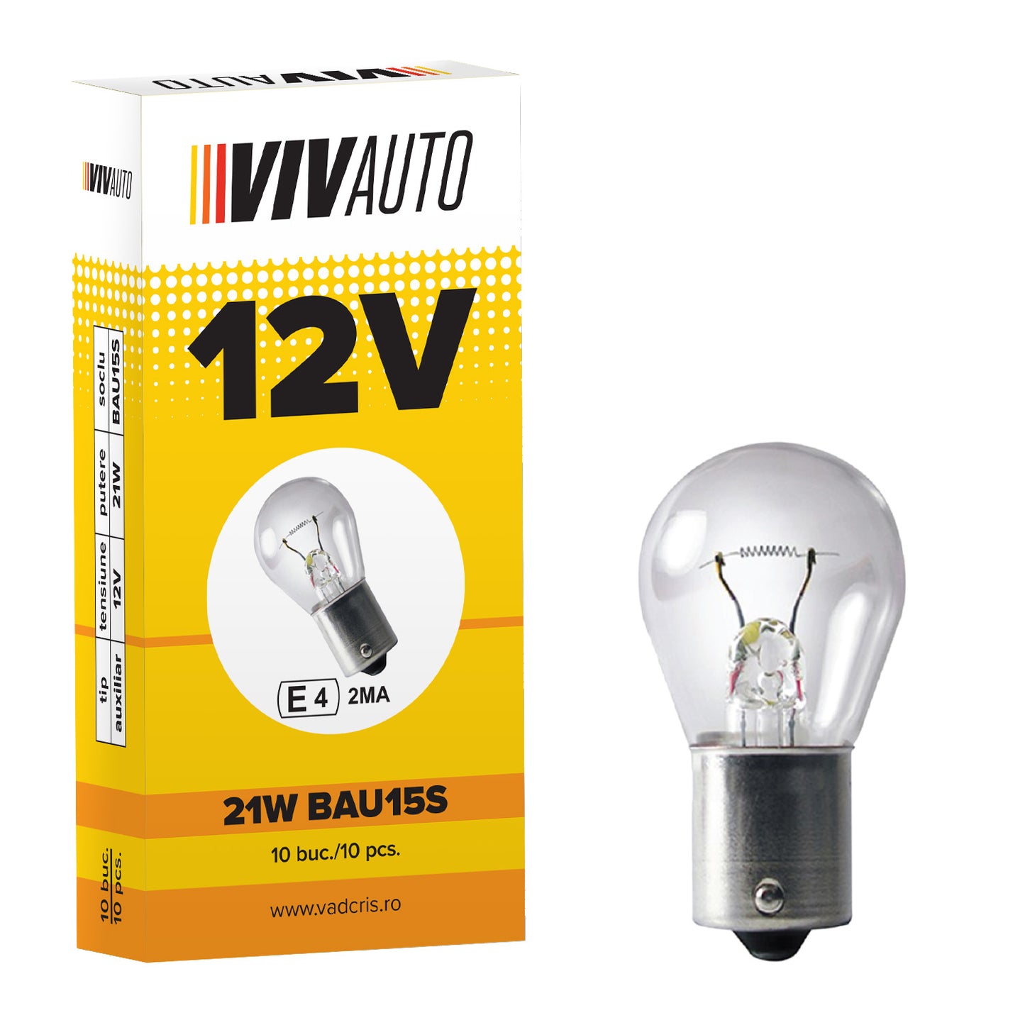 Bec VivAuto 12V, 21W, BAU15S, o faza semnalizare nou, 10 buc.