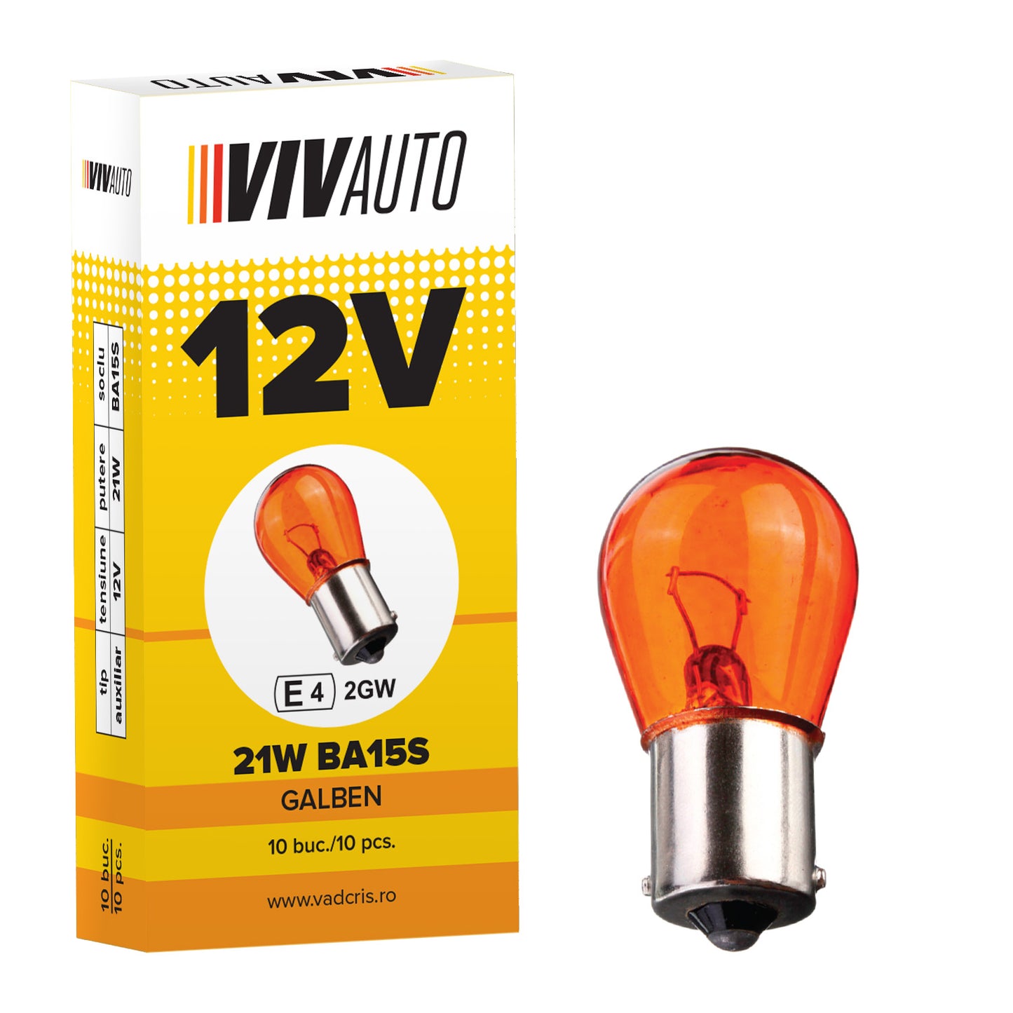 Bec VivAuto 12V, 21W, BA15S, o faza semnalizare galben, 10 buc.