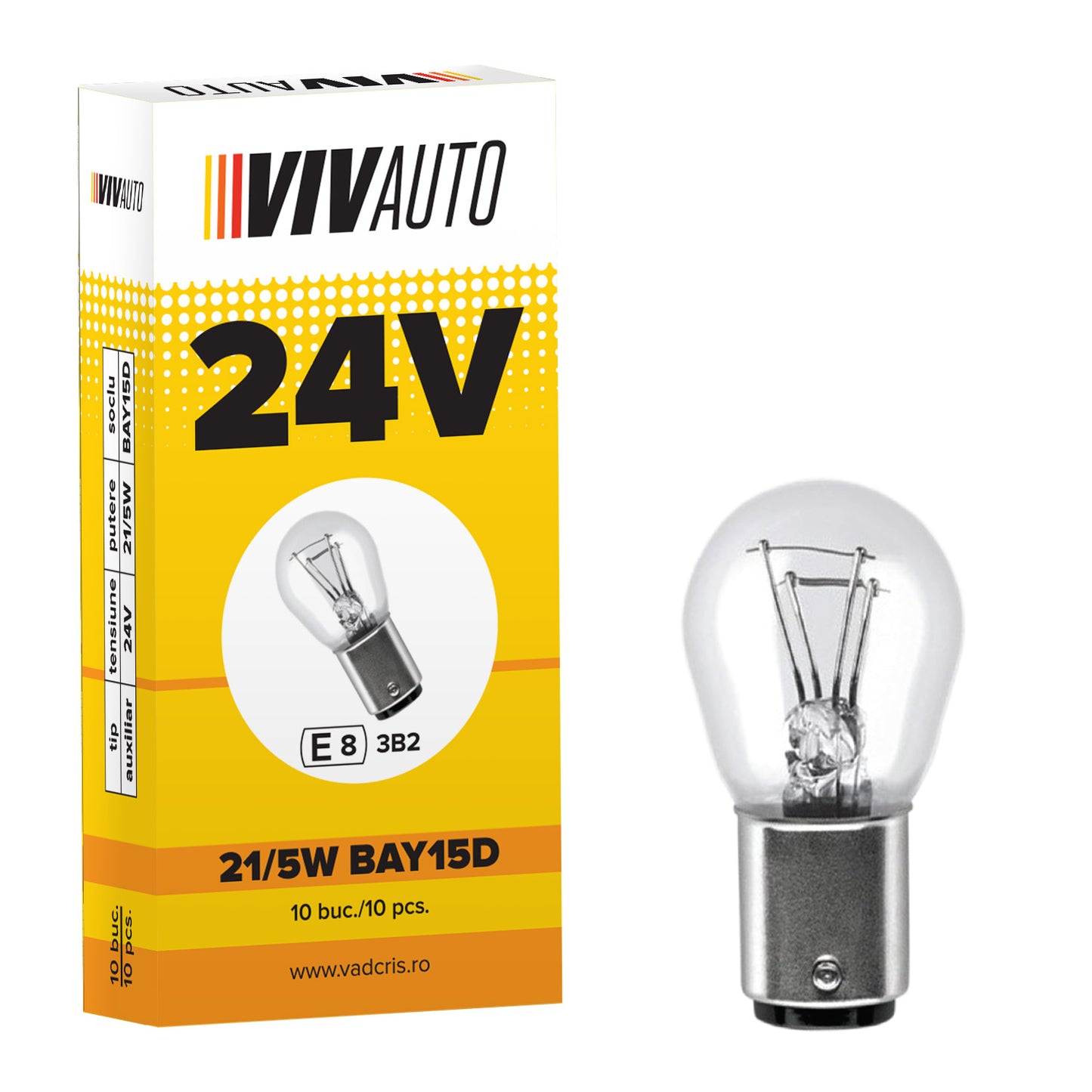 Bec VivAuto 24V, 21/5W, BAY15D, doua faze stop + frana, 10 buc.