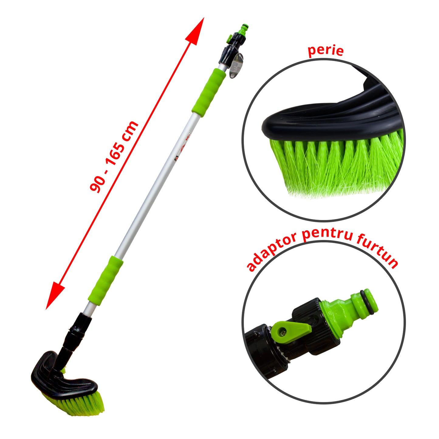 Perie pentru spălat cu mâner telescopic + adaptor furtun